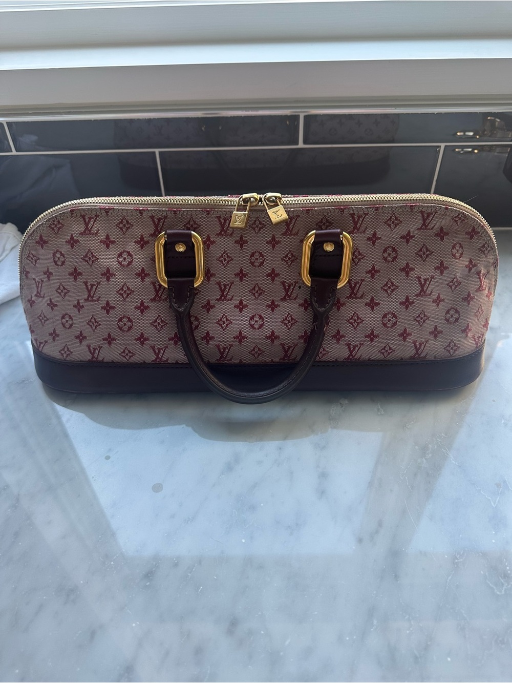 Louis Vuitton Beige Canvas with Burgundy Monogram handbag